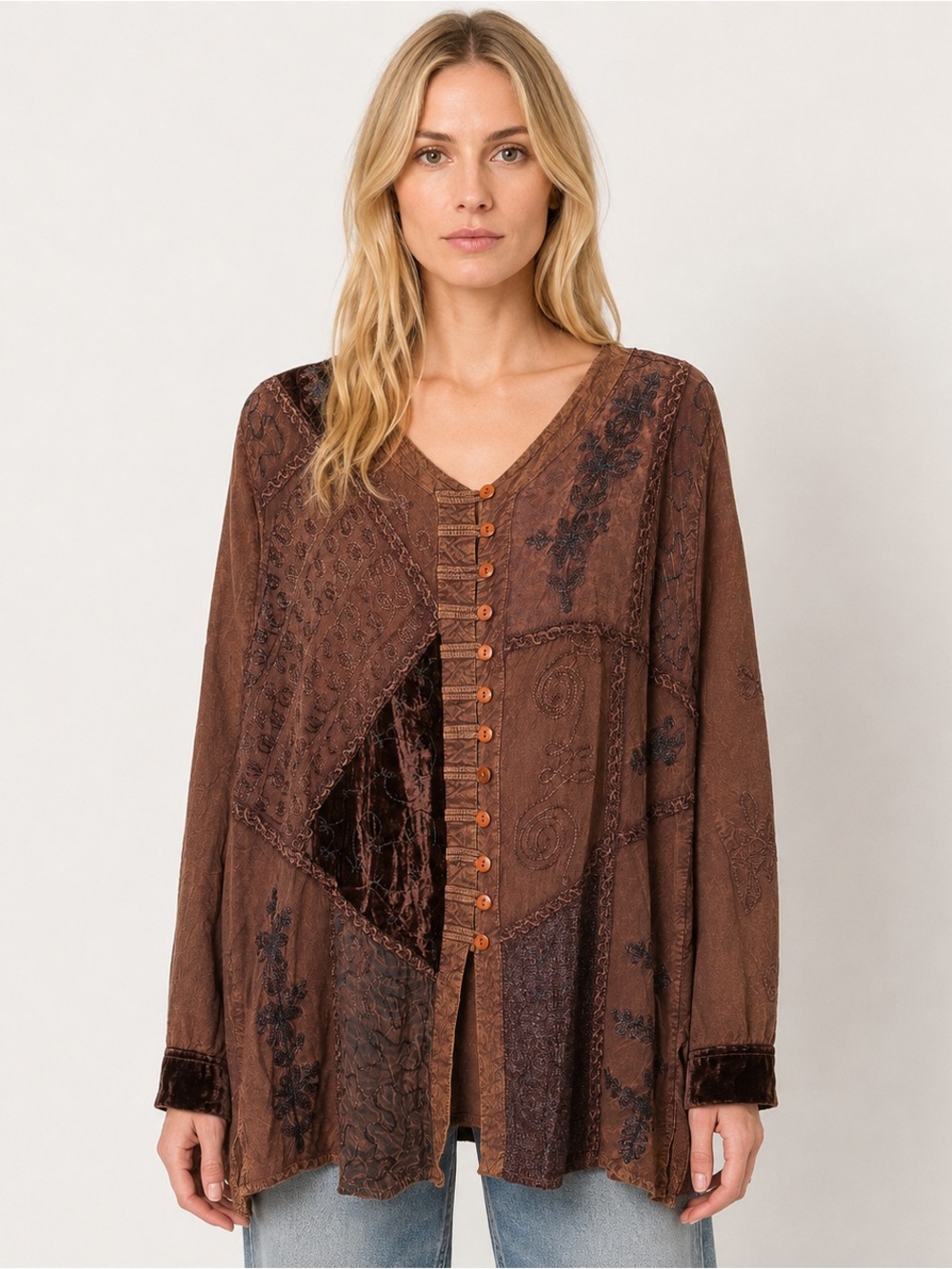 Vintage 90s Speed Limit MPH 2X Boho Patchwork Rayon Tunic Top Velvet Embroidered
